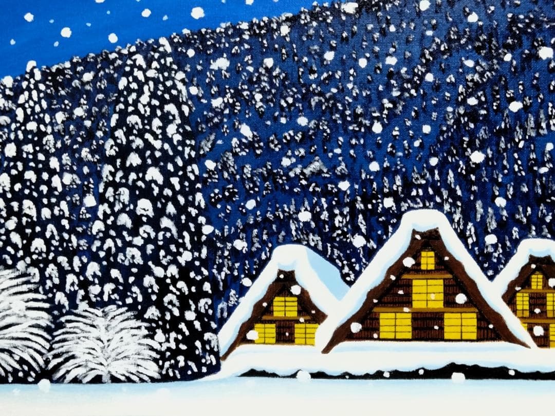 ★雪降る夜の白川郷・肉筆油彩画・F6キャンバス