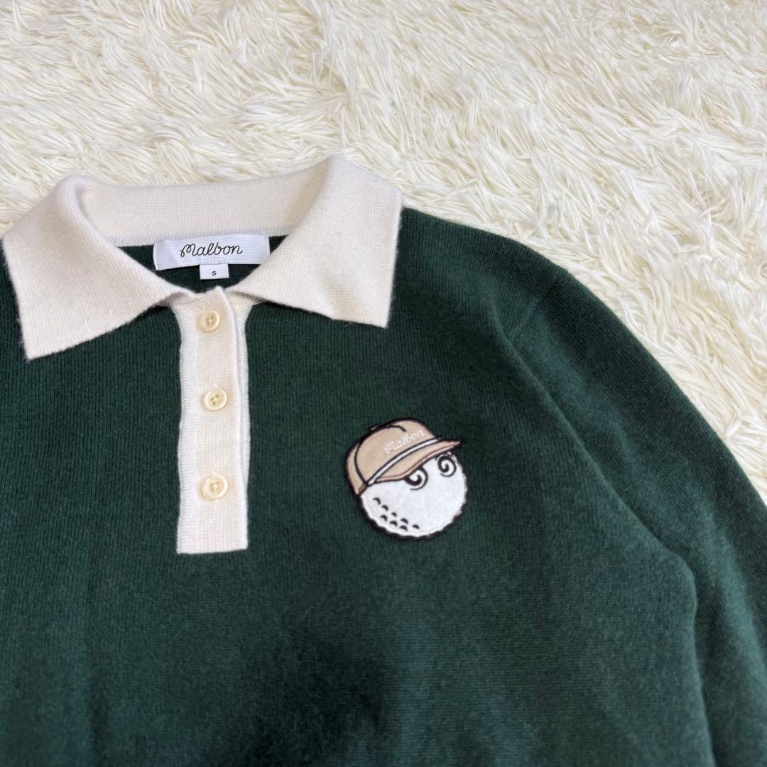 【マルボンゴルフ】美品 ポロシャツ グリーン ワッペン カシミヤ S レディース