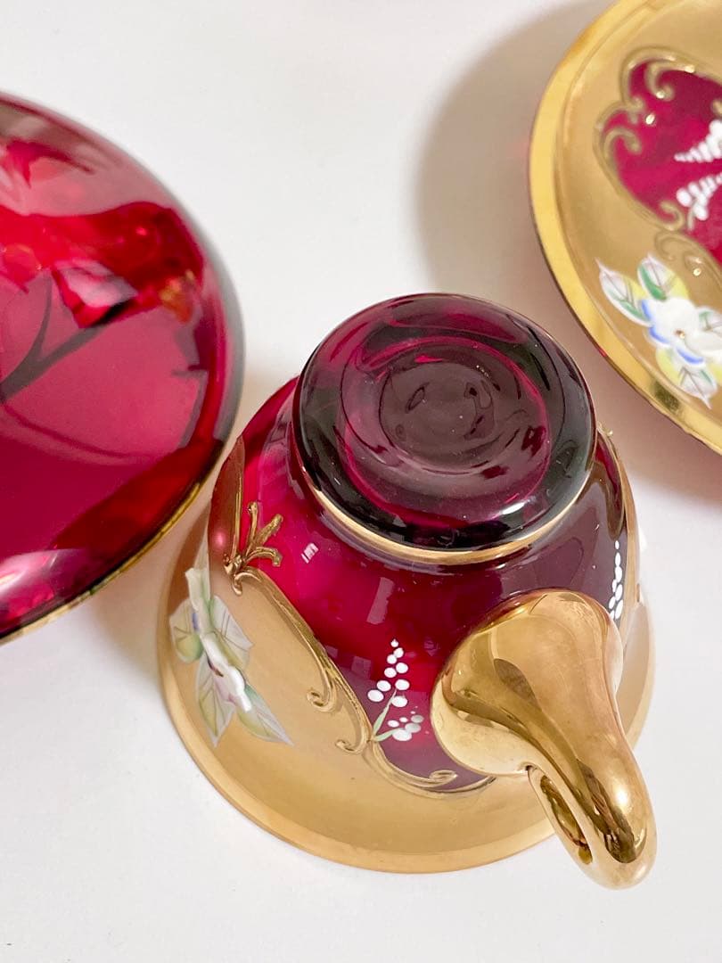 ラグーナ・ムラノ・グラス ヴェネチアガラス 赤 金彩 金盛 カップソーサー