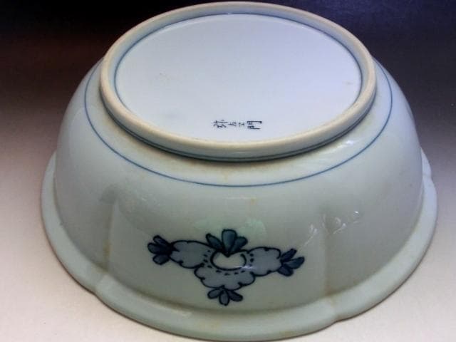 鉢■色絵染付「弥左衛門」花唐草 鳥 花弁型 丸鉢 平鉢 菓子器 時代物 骨董品■