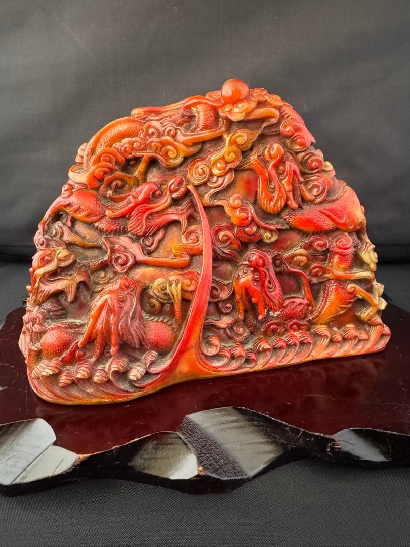 石材彫 龍 彫刻 置物 台座 魔除　風水 開運 金運 骨董 美術 アンティーク