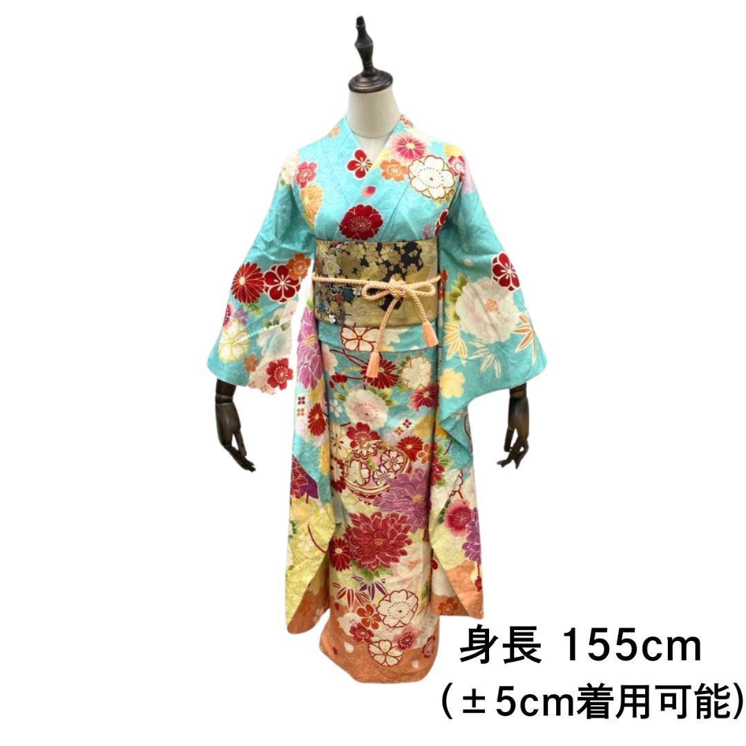 ≪早い者勝ち≫【美品】 振袖セット 成人式 正絹 古典柄 水色 3S*150 ●
