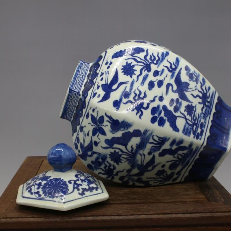 清乾隆青花花鳥六方蓋缶 砂糖缶 景徳鎮 陶磁器 装飾品 現代工芸品美術品 置物