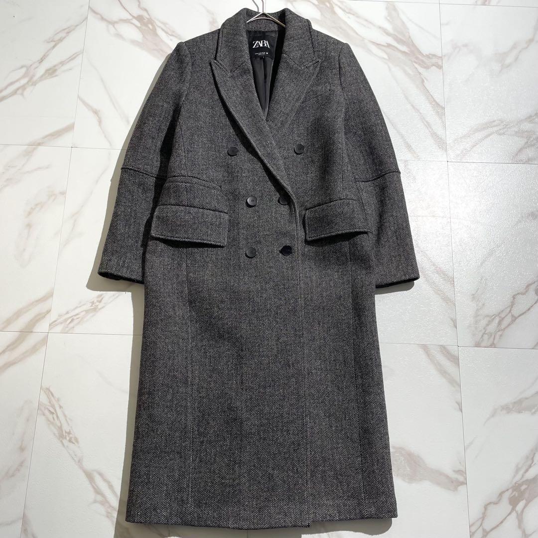 極美品 近年 ザラ チェスターコート マキシ丈 ヘリンボーン ダブルブレスト M