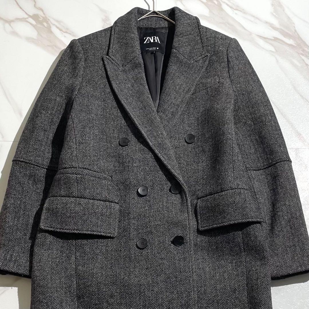 極美品 近年 ザラ チェスターコート マキシ丈 ヘリンボーン ダブルブレスト M