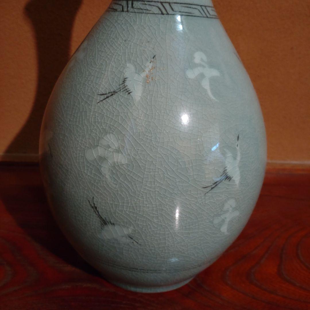 韓国高麗青磁象嵌鶴首壷　『趙奉洙』作