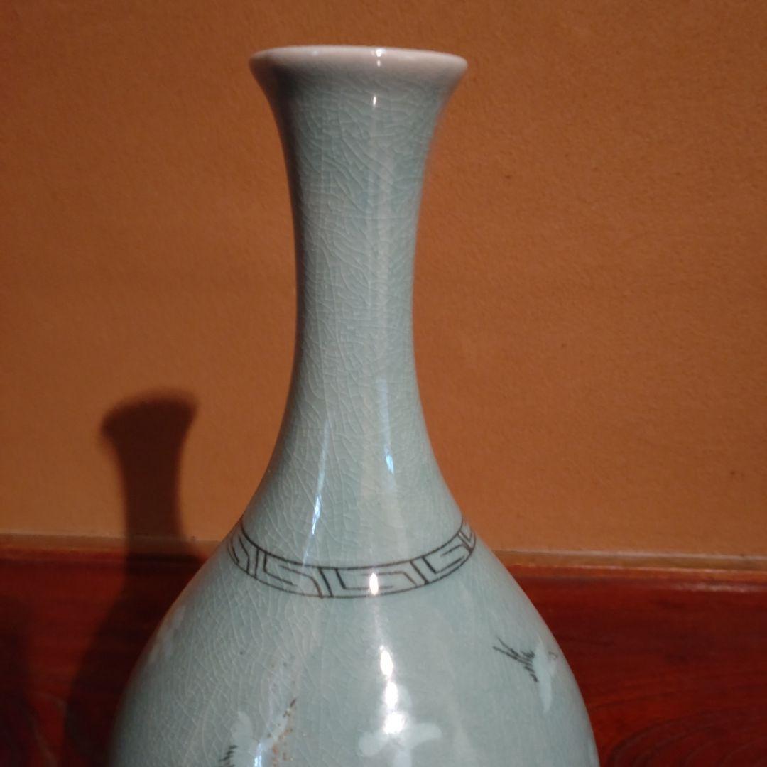 韓国高麗青磁象嵌鶴首壷　『趙奉洙』作