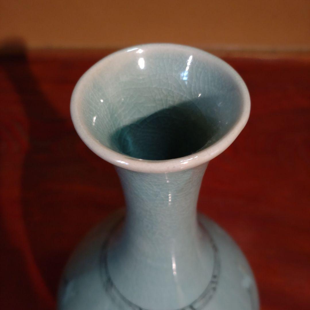 韓国高麗青磁象嵌鶴首壷　『趙奉洙』作