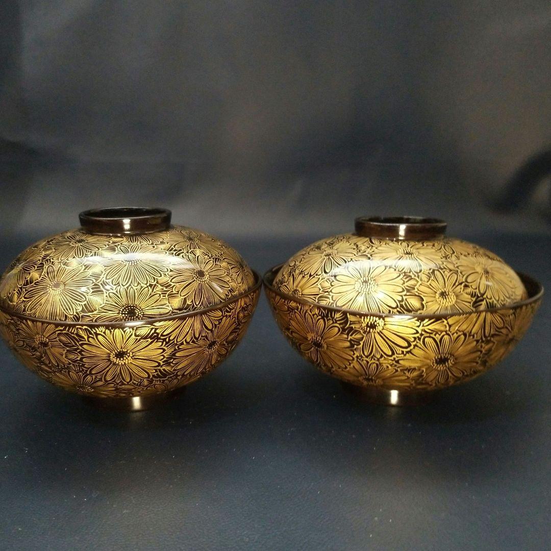 能登輪島塗 総沈金 菊花詰 吸物椀 2客　懐石椀 茶道具　美品　①