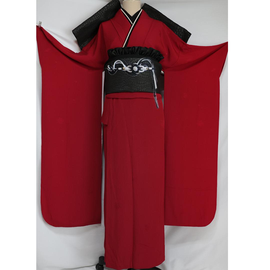 無地■振袖7点セット帯新品丈161.5cm帯締め寛斎フルセット赤成人式FA53