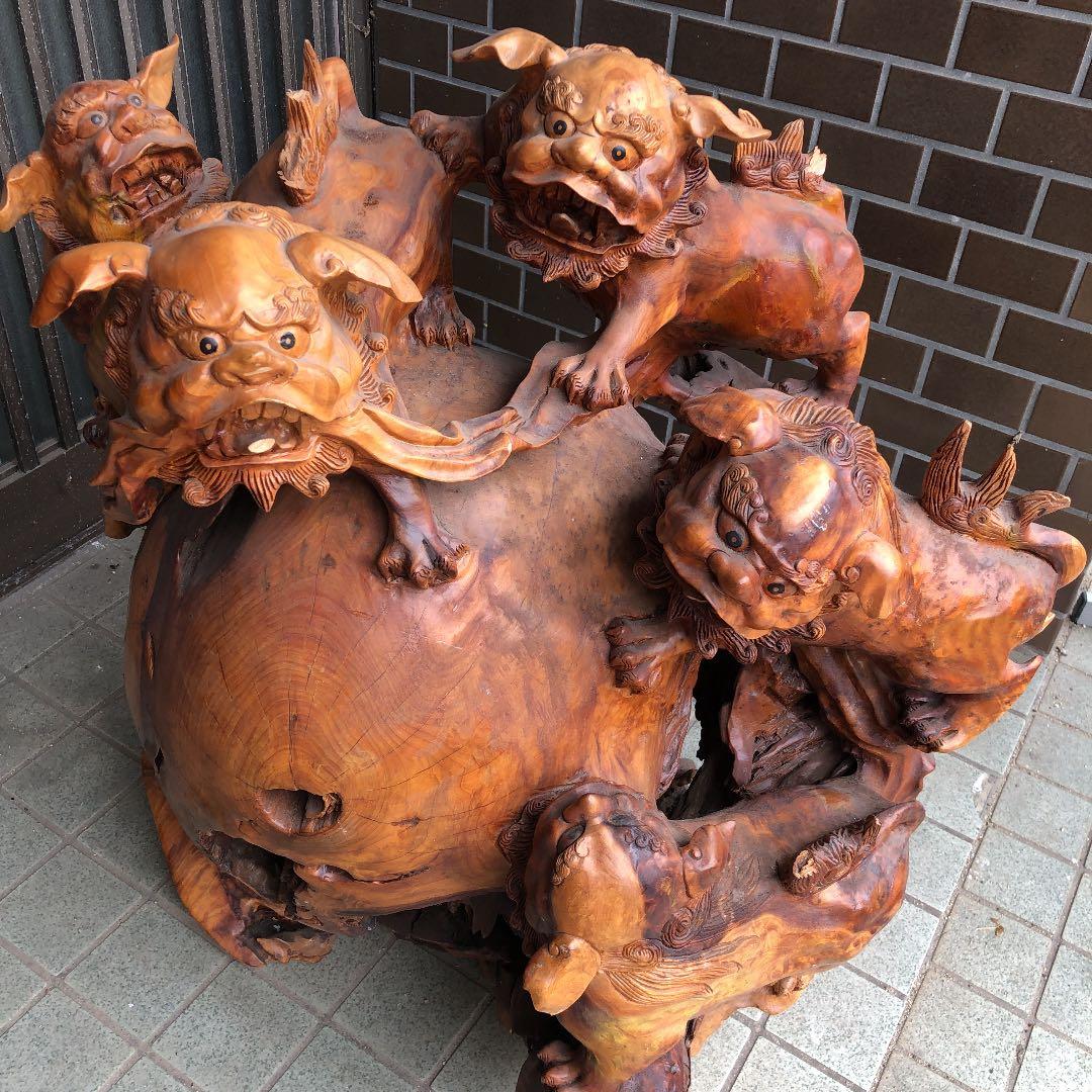 骨董品 玉杢 特大 獅子 木彫り 時代品