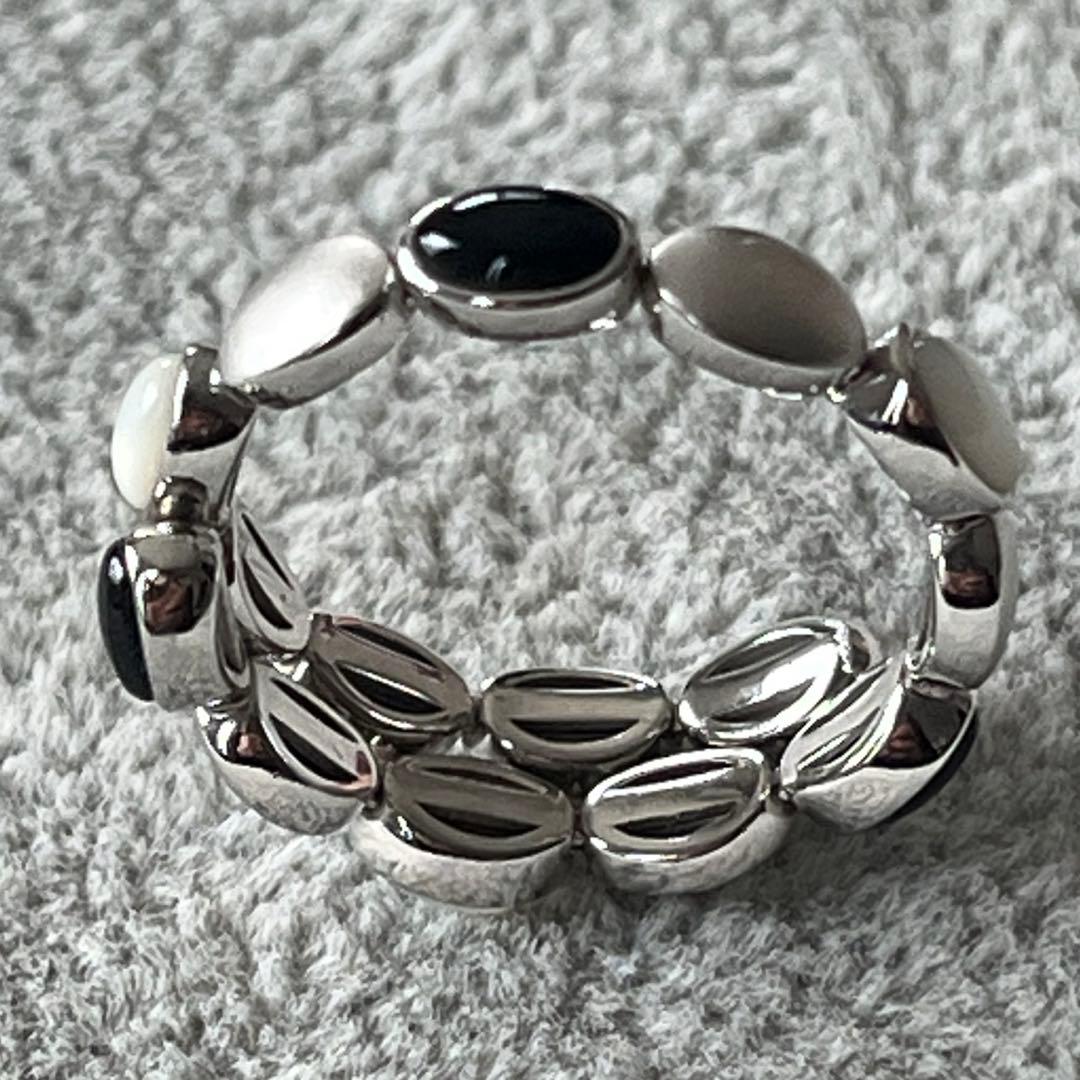 パラジウムシルバー950 オニキス&白蝶貝　フレックスリング　GSTV