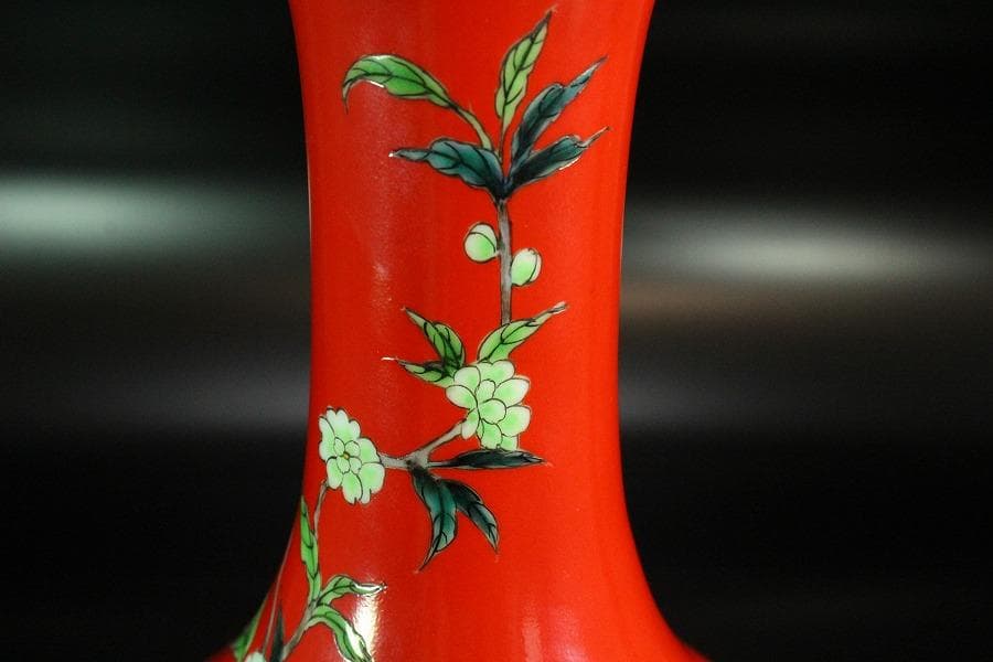 中国美術 珊瑚釉 花鳥 瓶 高34cm 雍正年製(K-LC201)