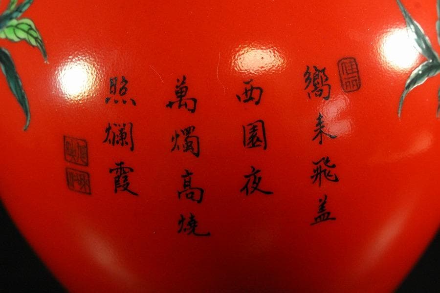 中国美術 珊瑚釉 花鳥 瓶 高34cm 雍正年製(K-LC201)