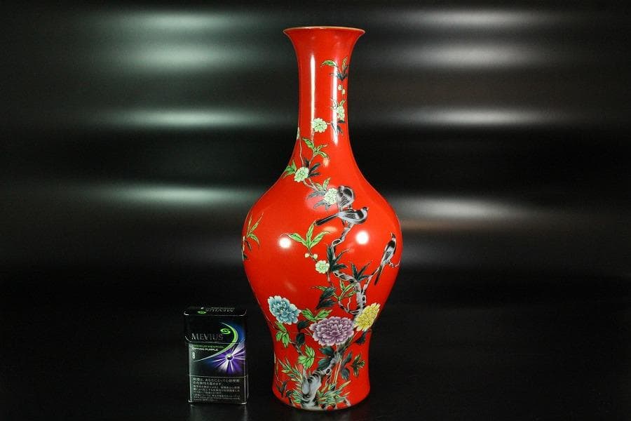 中国美術 珊瑚釉 花鳥 瓶 高34cm 雍正年製(K-LC201)