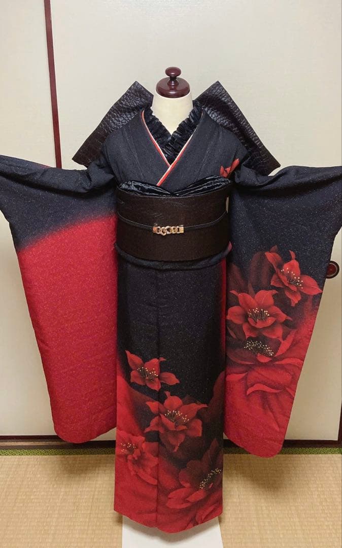 振袖フルセット　正絹振袖成人式　振袖6点セット　クロコ黒帯