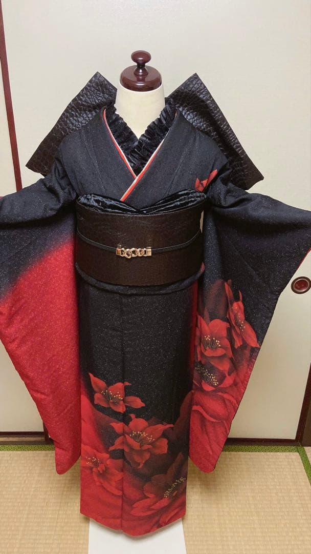 振袖フルセット　正絹振袖成人式　振袖6点セット　クロコ黒帯