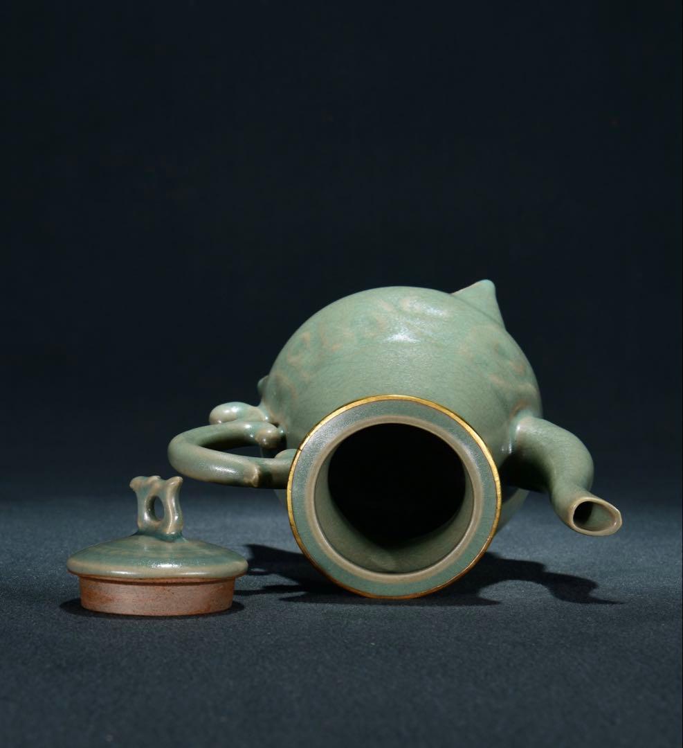 旧蔵　宋・汝窑　天青釉包金口　三足执壶