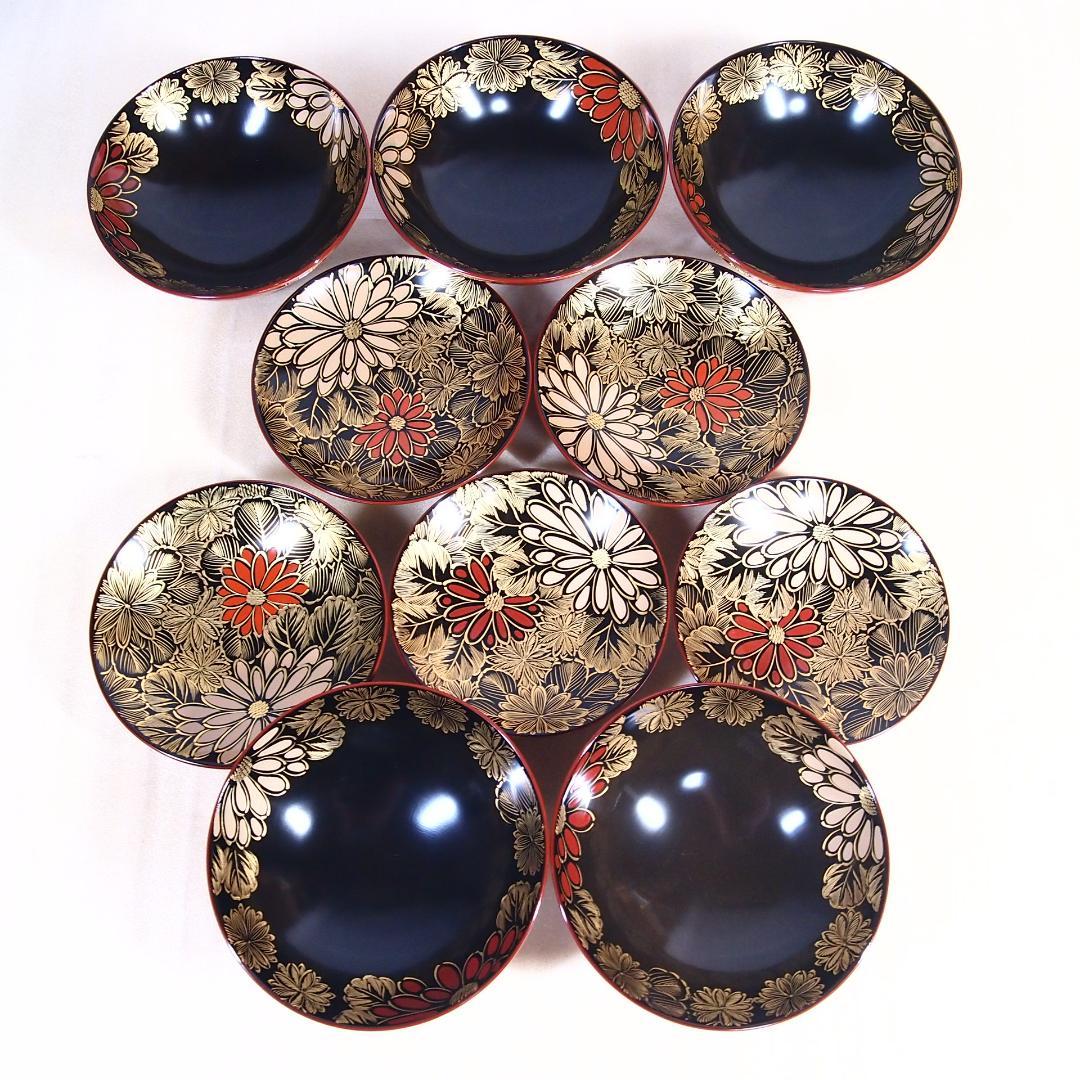 【良品】輪島塗 美術漆器 菊詰沈金 吸物椀5客 汁椀/お椀 輪島漆器商会 食器