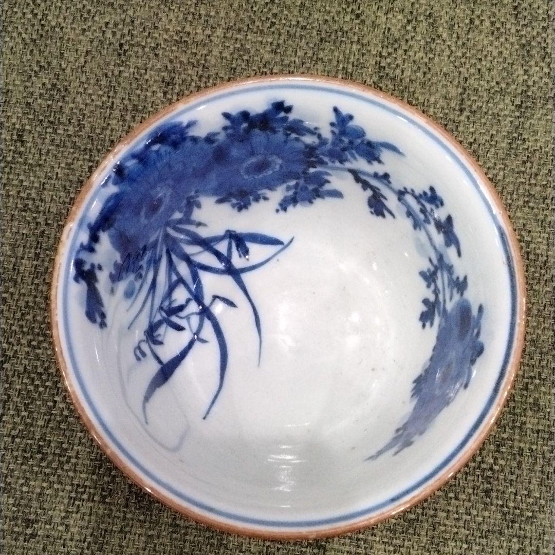 Ⅿ260-4 江戸時代 古伊万里 染付山水花弦文盃洗