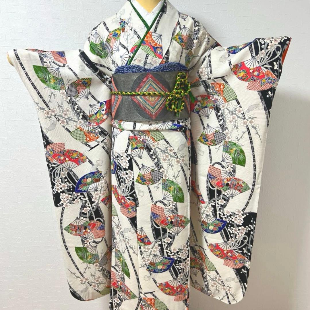 462 振袖フルセット 正絹 白 オフホワイト 小紋 扇面 梅 レトロ カラフル