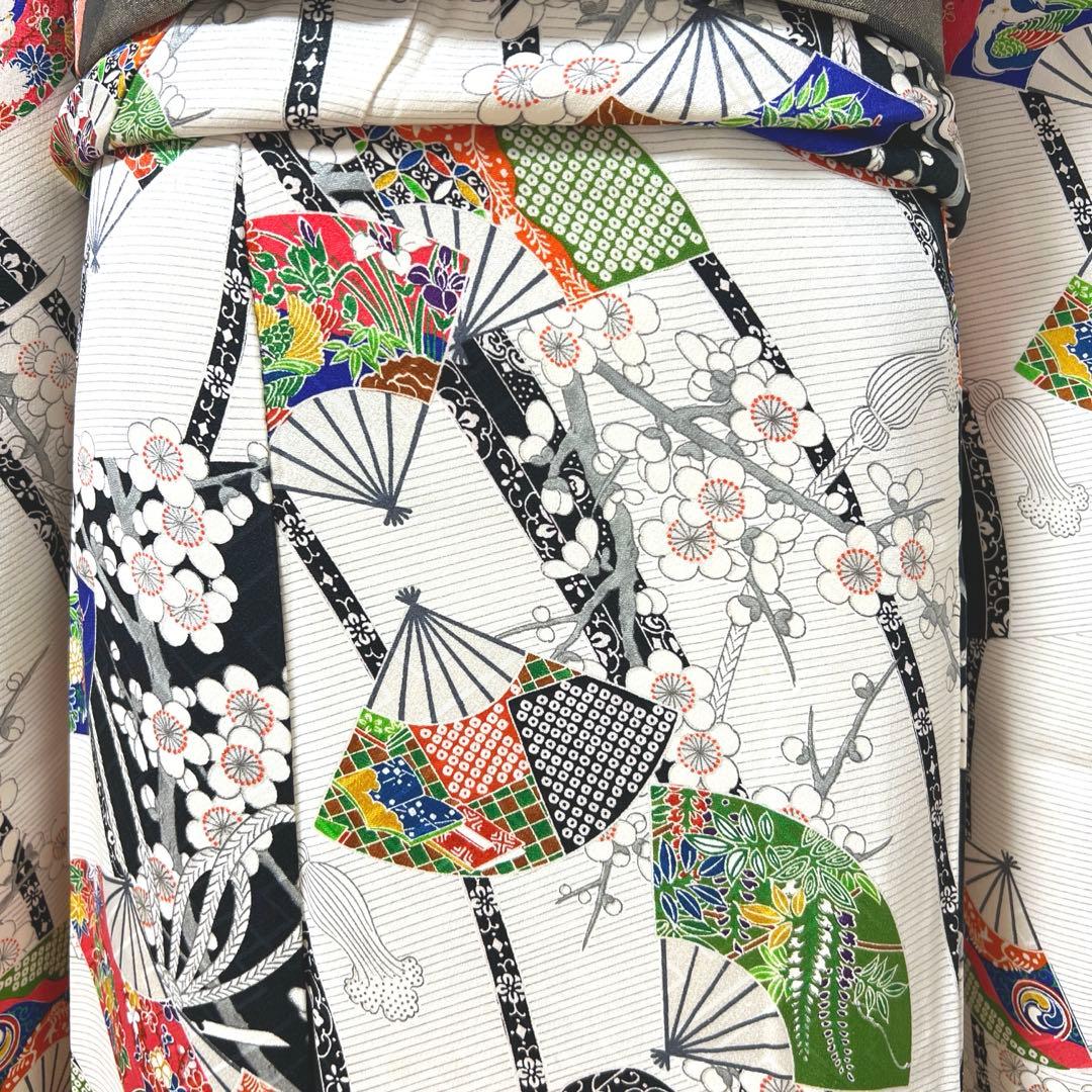 462 振袖フルセット 正絹 白 オフホワイト 小紋 扇面 梅 レトロ カラフル