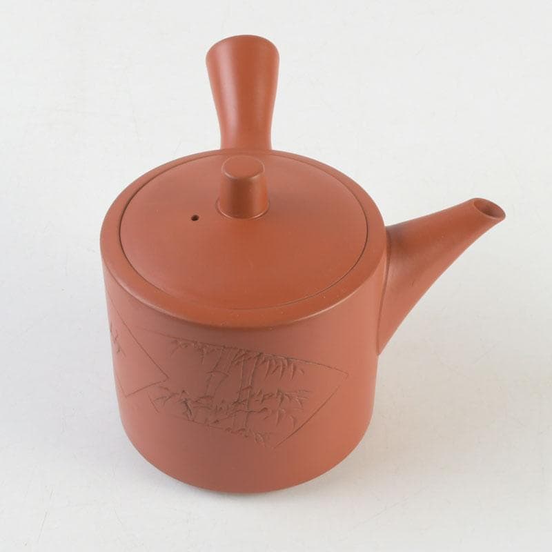 煎茶道具　常滑焼　朱泥　漢詩竹刻　横手急須　V　9580