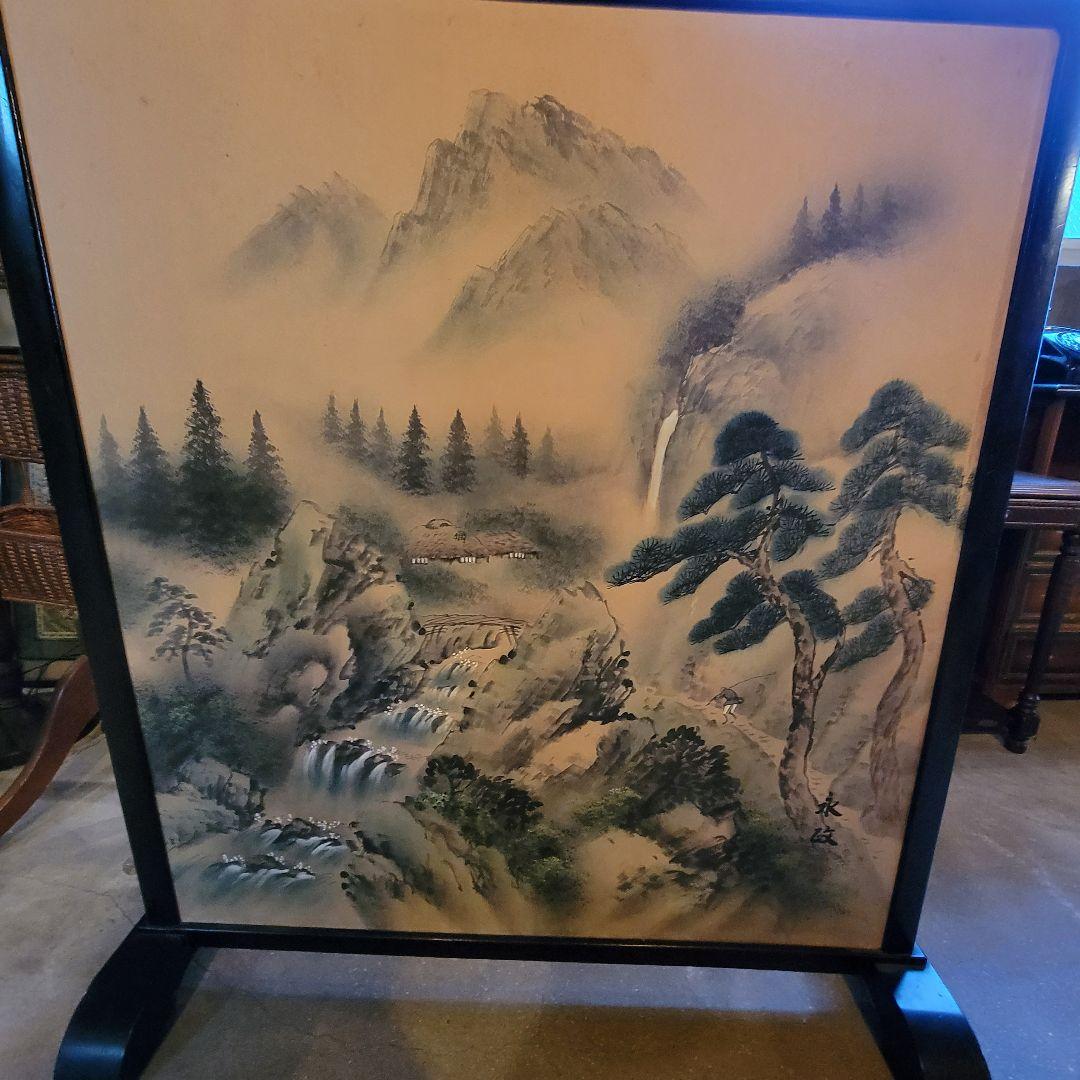 アンティーク屏風永政 山水図 衝立 煎茶道具 間仕切り パーティション