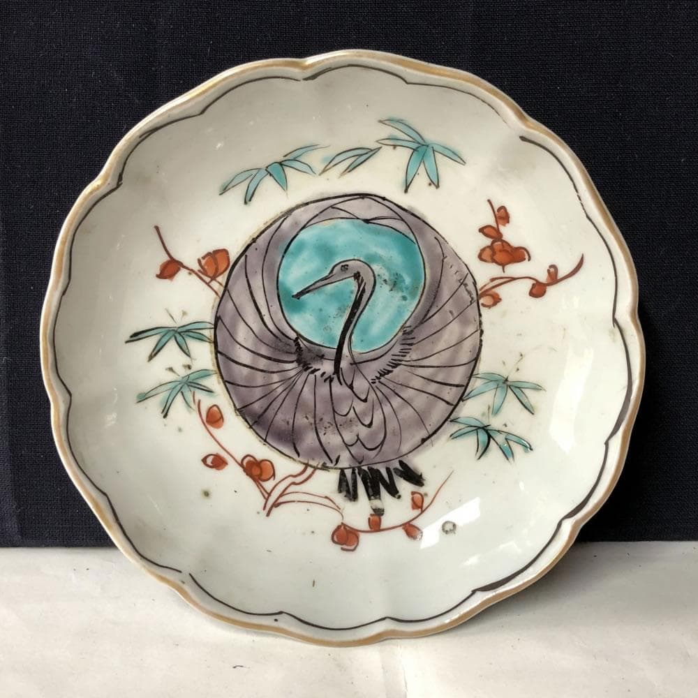 e1493 古伊万里 色絵 小皿 5枚 鶴 銘々皿 径13cm