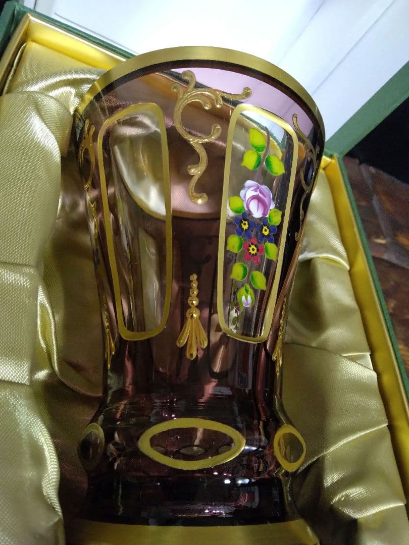 未使用　ドイツ製　ゴブレット　ペア　ハンドエナメル　ルビーレッド 　クリスタル