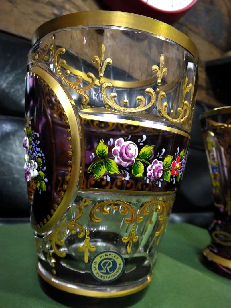 未使用　ドイツ製　ゴブレット　ペア　ハンドエナメル　ルビーレッド 　クリスタル