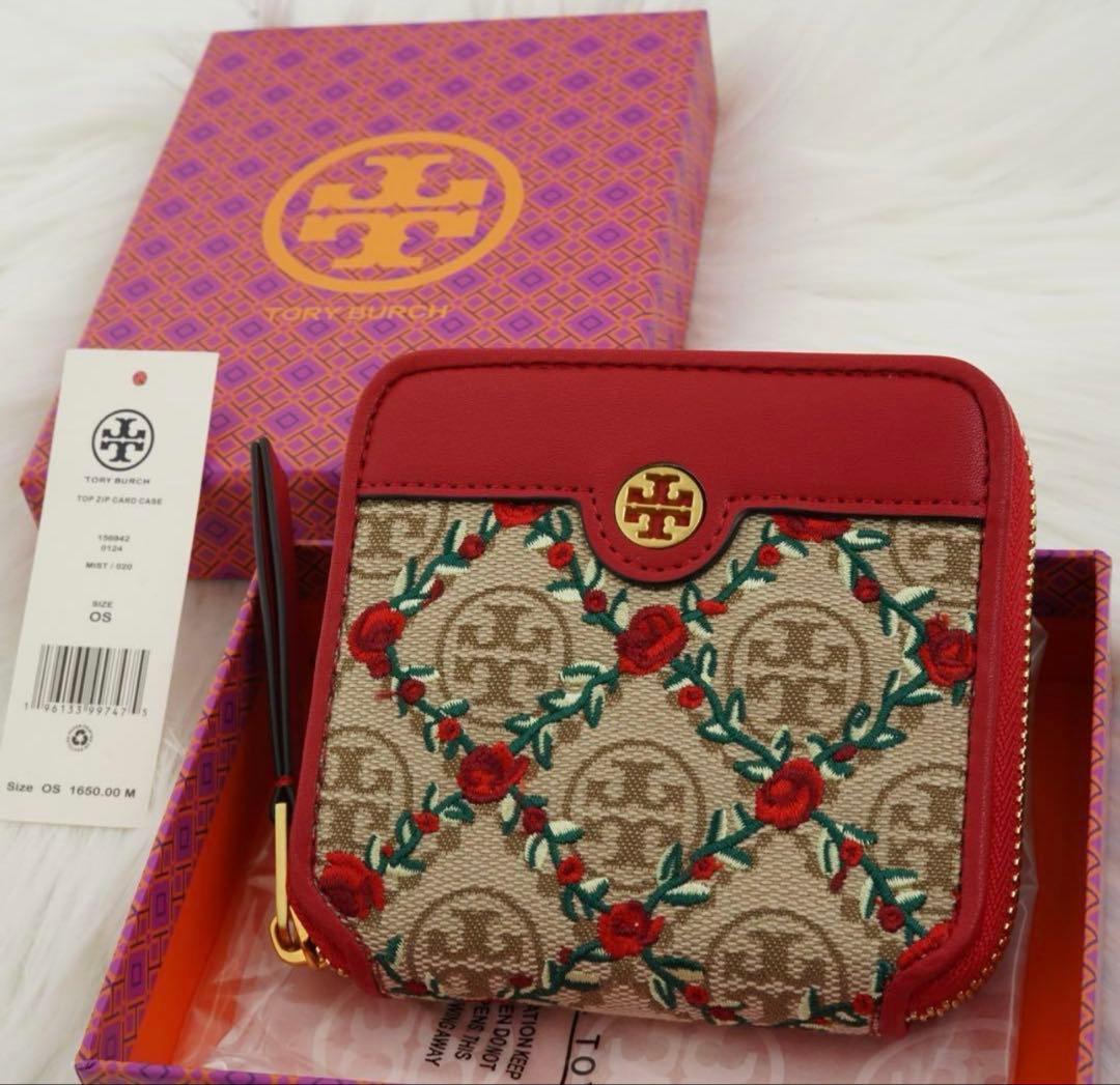 新品同様、ほぼ未使用 、箱付き TORY BURCH 折り財布 花柄 レッド