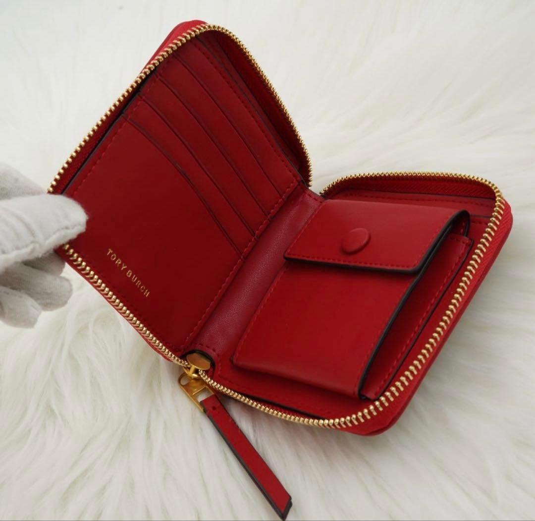 新品同様、ほぼ未使用 、箱付き TORY BURCH 折り財布 花柄 レッド