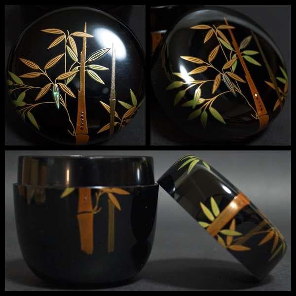 輪島塗 蒔絵師 茶平一斎 作 利休棗 金蒔絵青貝螺鈿象嵌『竹』木製漆塗り棗 共箱