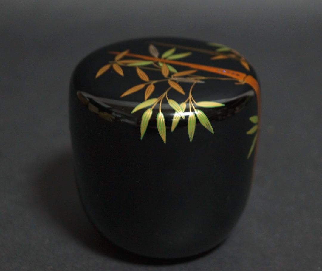 輪島塗 蒔絵師 茶平一斎 作 利休棗 金蒔絵青貝螺鈿象嵌『竹』木製漆塗り棗 共箱