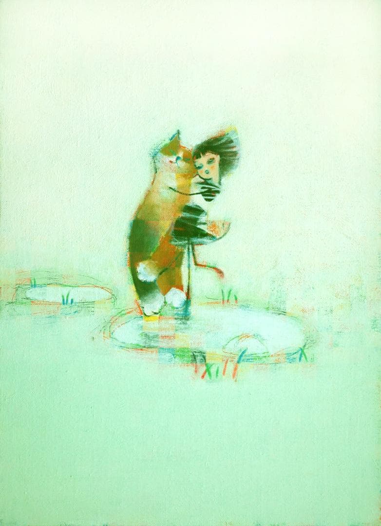 油絵 菅家令子 絵 絵画インテリア 額付(黒) F4-072719 子猫と女の子