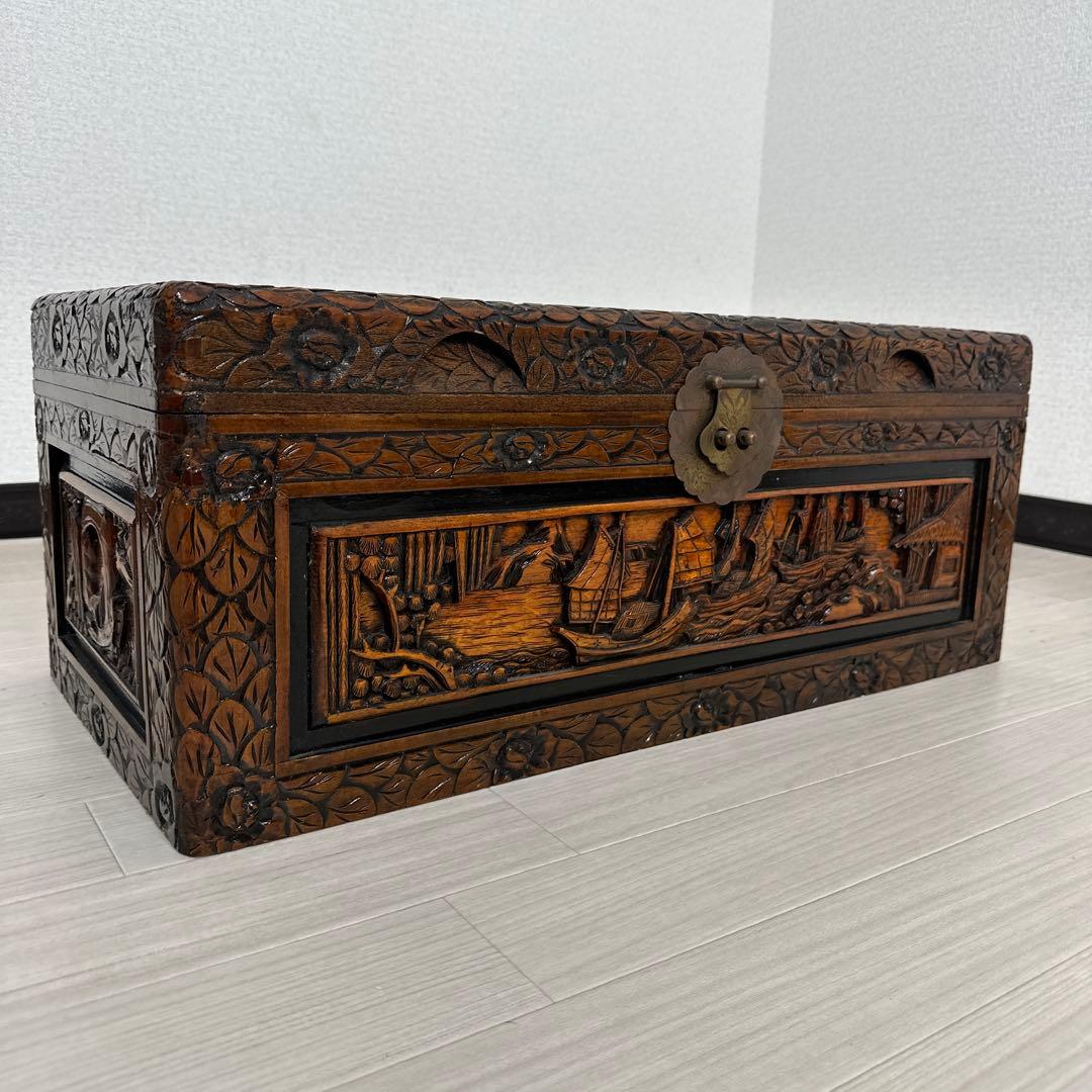 細密彫刻 豪華 木彫トランク アジアン家具 木箱 収納 箪笥 帆船彫刻 ※r2※