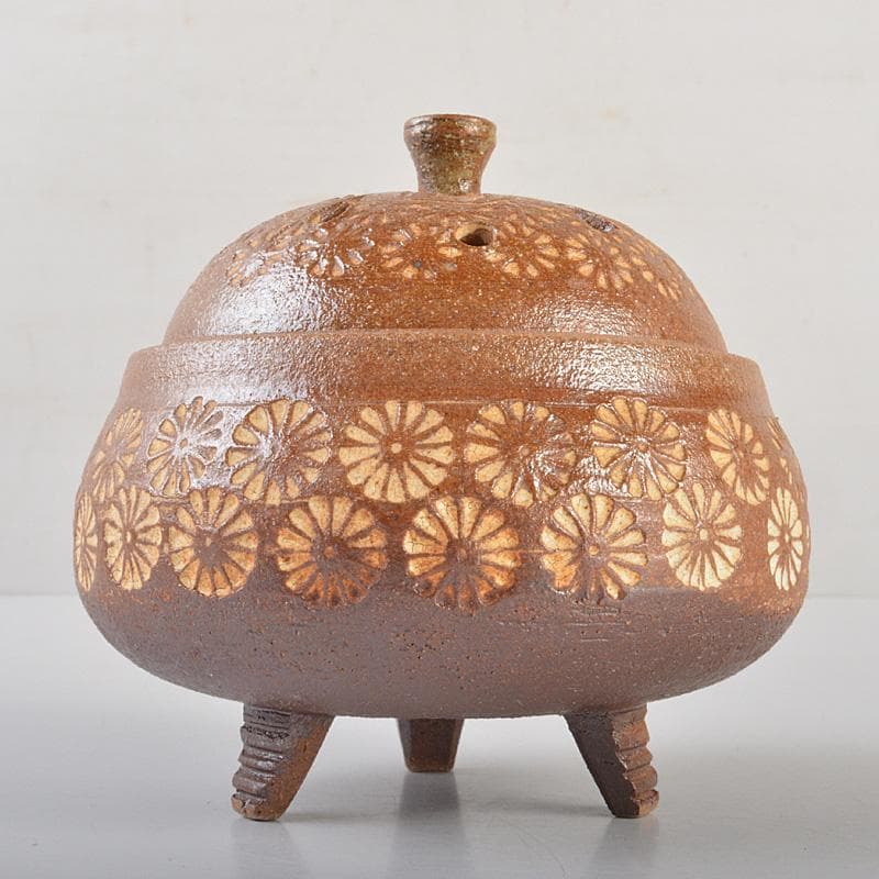 肥前　くろかみ窯　小野竹春作　花文　香炉　共箱　C　R7327