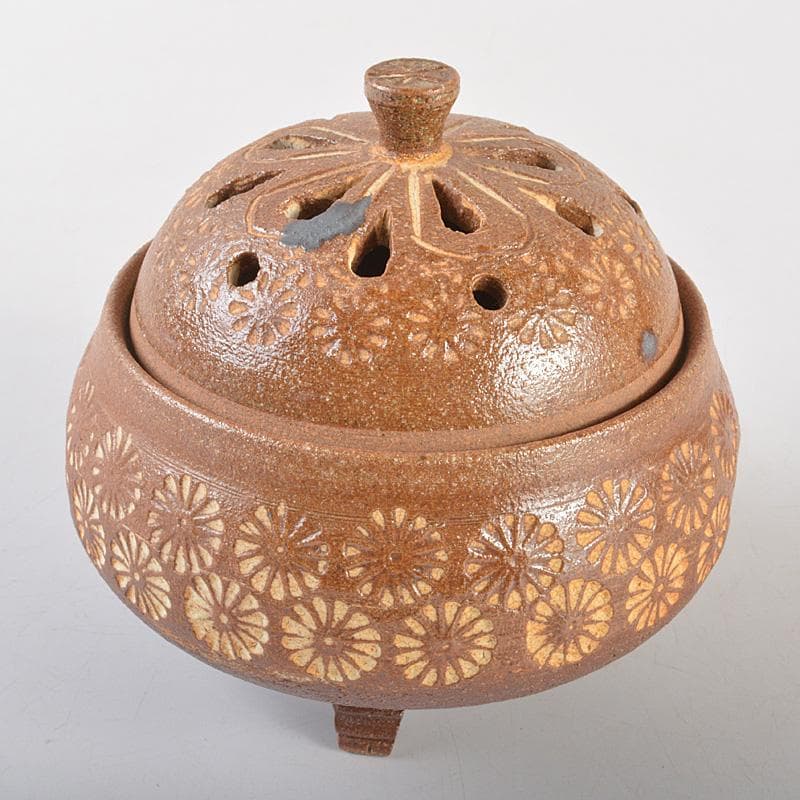肥前　くろかみ窯　小野竹春作　花文　香炉　共箱　C　R7327