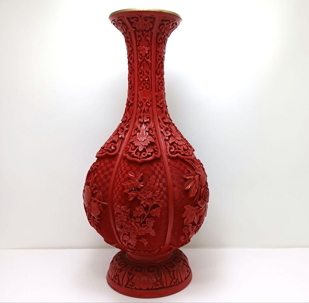 Y2551 中国 堆朱 6面花図 花瓶 高さ31.5㎝