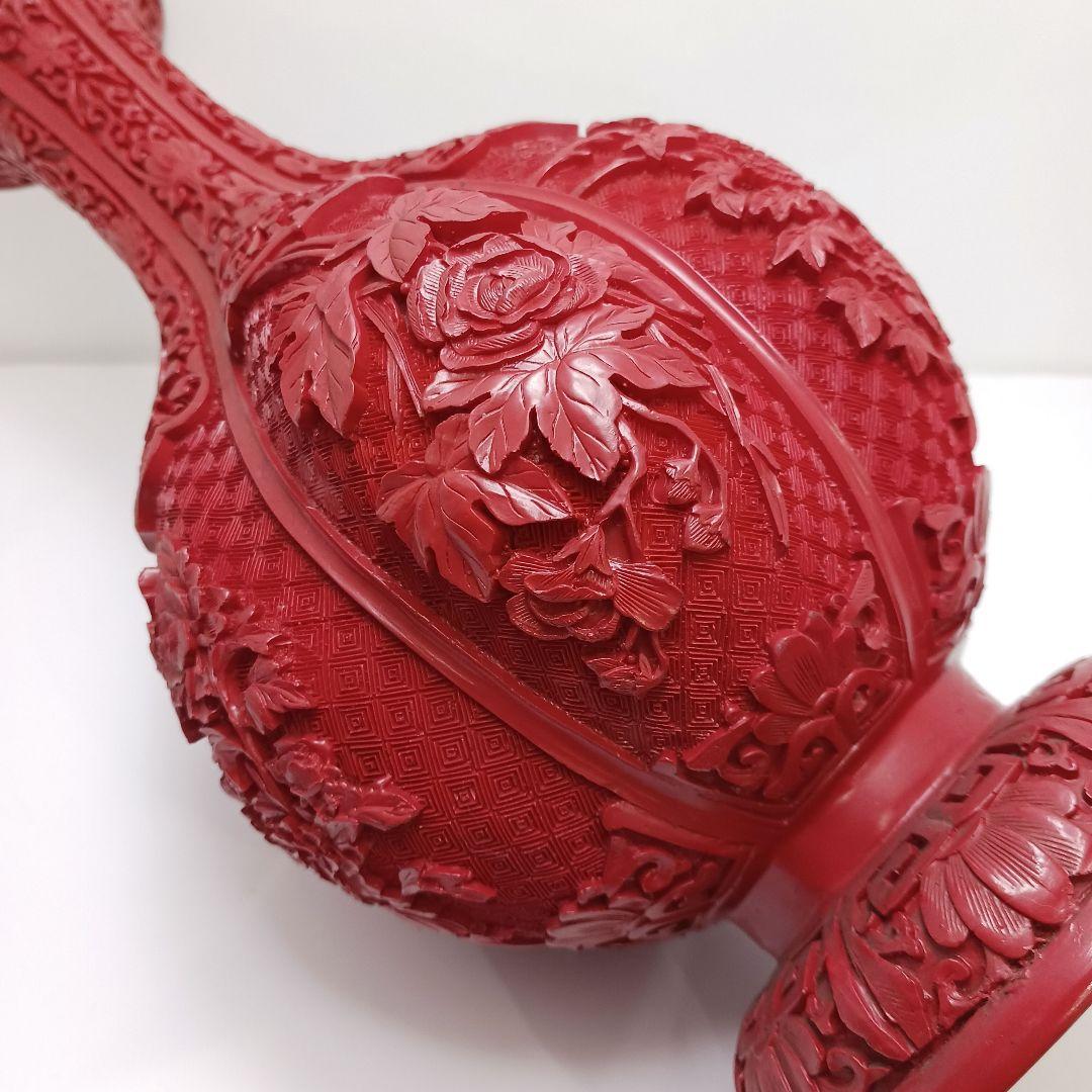 Y2551 中国 堆朱 6面花図 花瓶 高さ31.5㎝