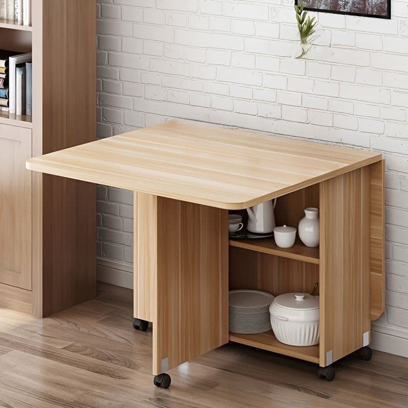 伸縮折りたたみダイニングテーブル キャスター付き 収納スペース搭載