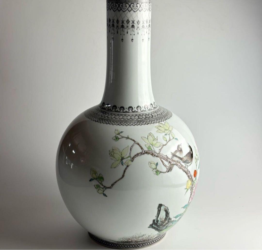 中国 花瓶 色絵 磁器 花鳥 壺 壷 花瓶 陶磁器 粉彩