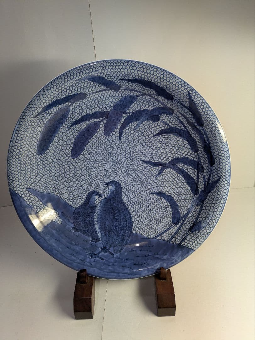 要さん専用　館林源右衛門窯、『染付粟鶉図大皿』、銘「源右衛門」有、皿立付、箱無