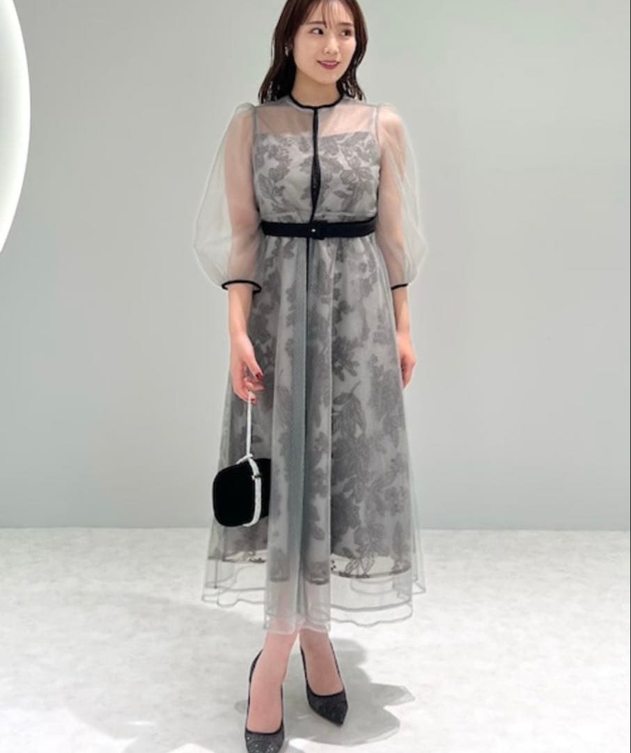 【LEJA】「Sサイズ」チュールパイピングリーフベルトAラインワンピースドレス