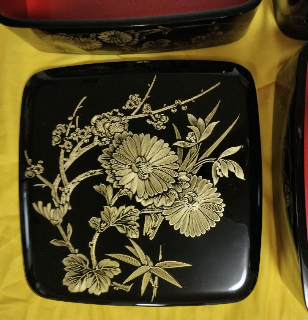 輪島塗　四君子沈金　胴張　三段重