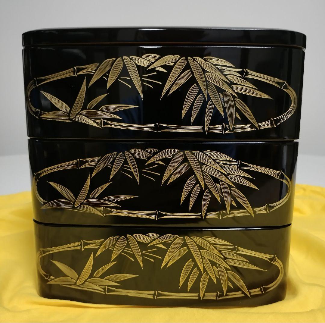 輪島塗　四君子沈金　胴張　三段重