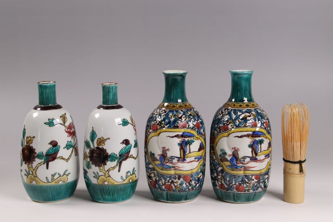 M681/ 初代 徳田八十吉 九谷焼 山水 徳利一対 共箱共布 二代徳利付 酒器