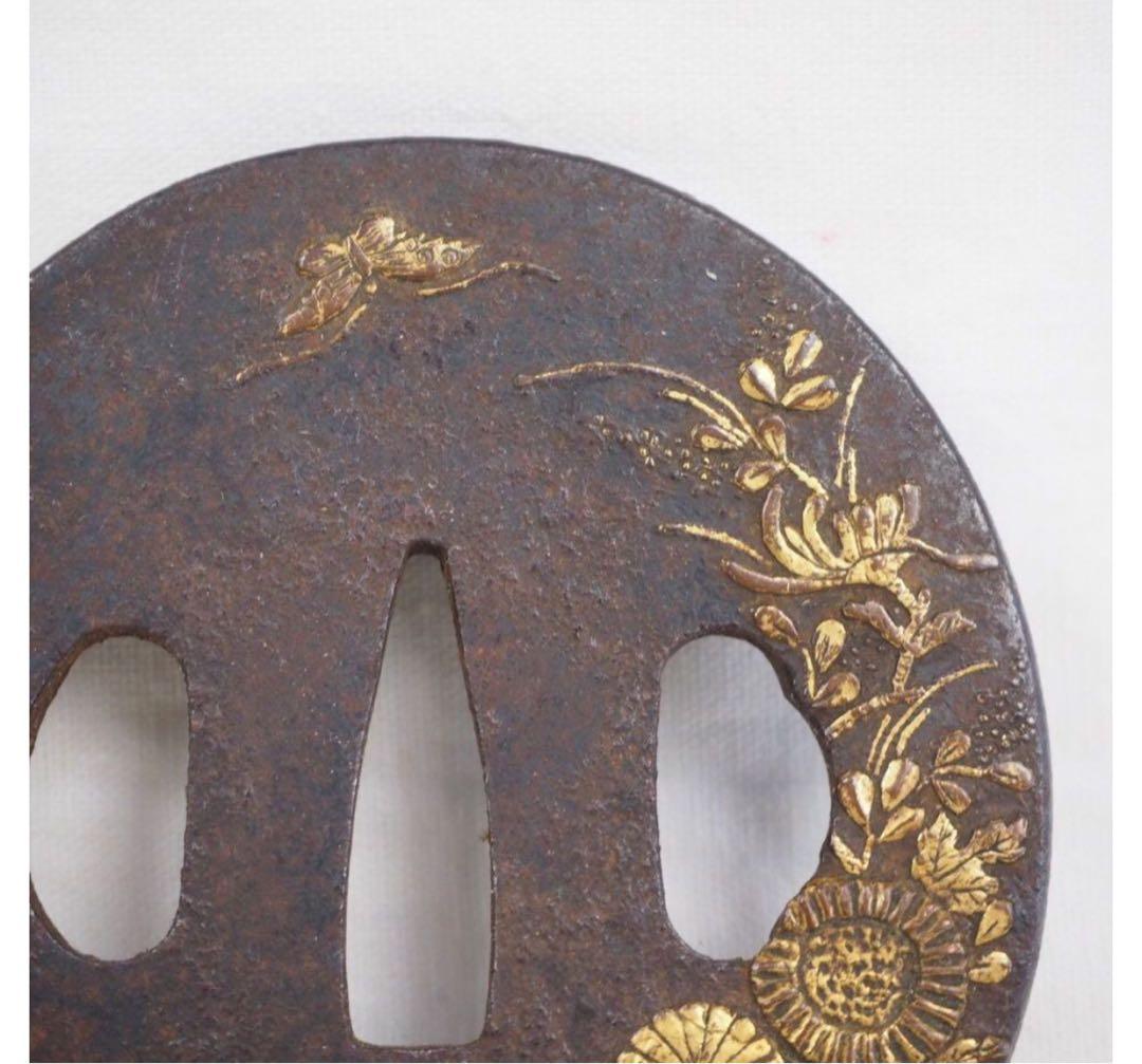 サンデイー　送料無料 江戸時代　金象嵌　蝶々花文鍔　刀剣美術