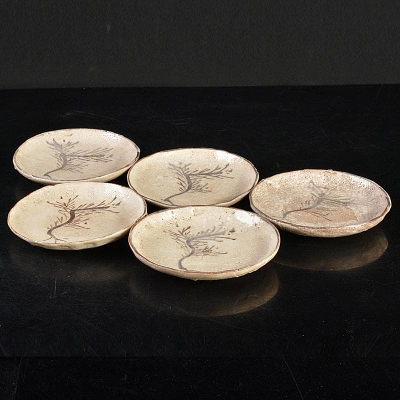 和食器　志野焼　絵志野　大橋秋二作　松文　銘々皿　五客　共箱　V　R7415